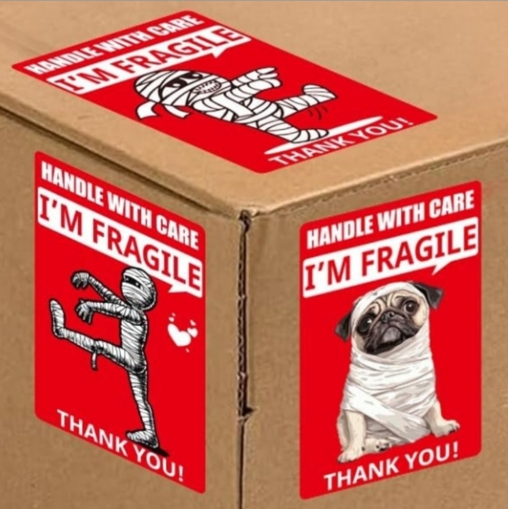 Fragile Labels - Funny Mummy & Dog - 50 count - 3" x 2" - Red Black White